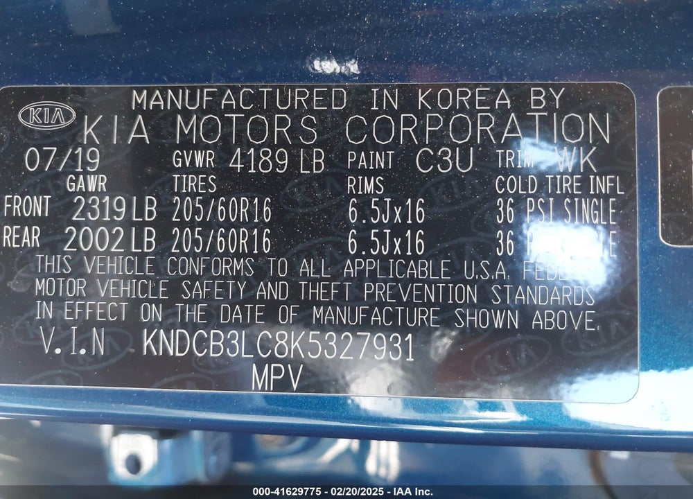 2019 KIA NIRO VIN: KNDCB3LC8K5327931