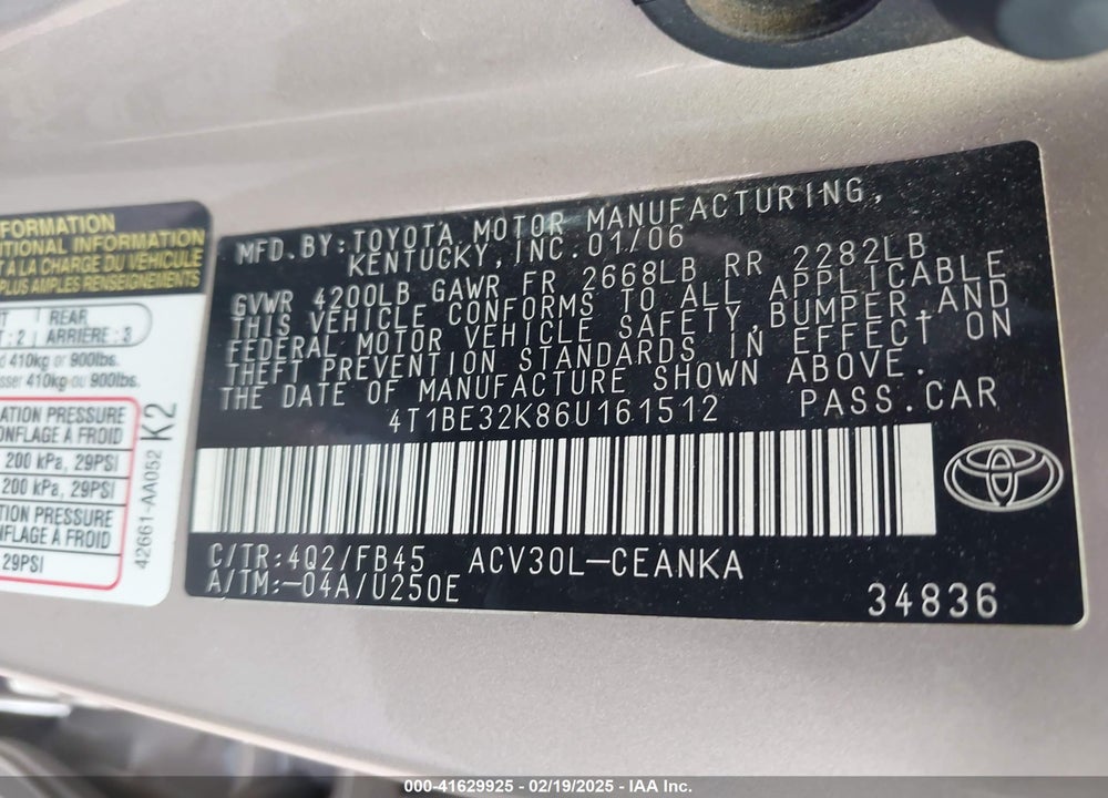 2006 TOYOTA CAMRY LE VIN: 4T1BE32K86U161512