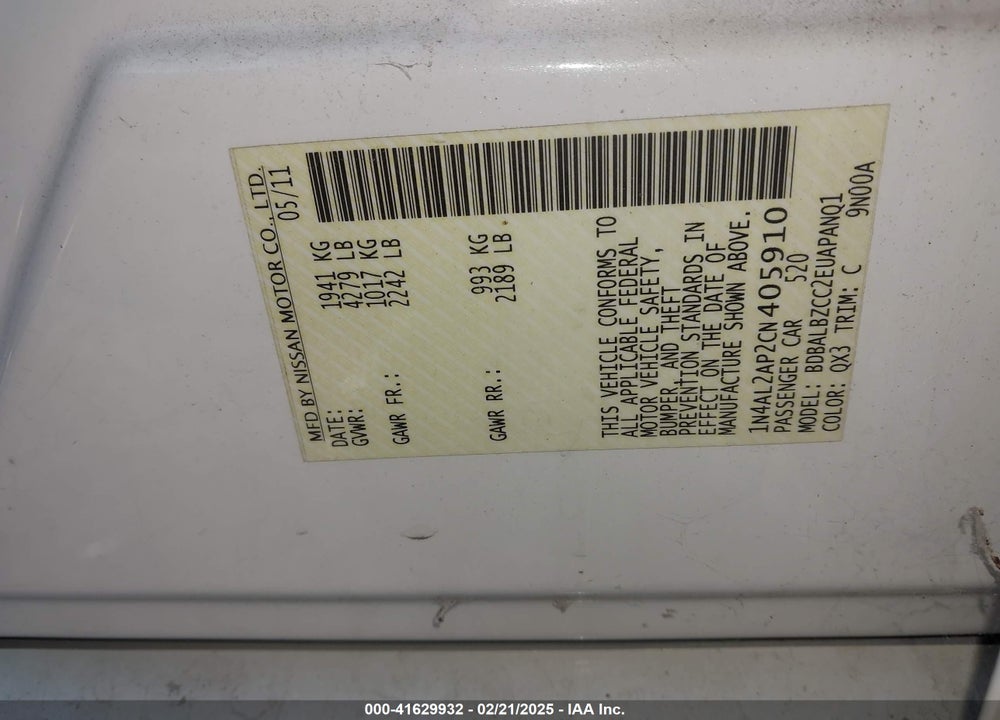 2012 NISSAN ALTIMA VIN: 1N4AL2AP2CN405910