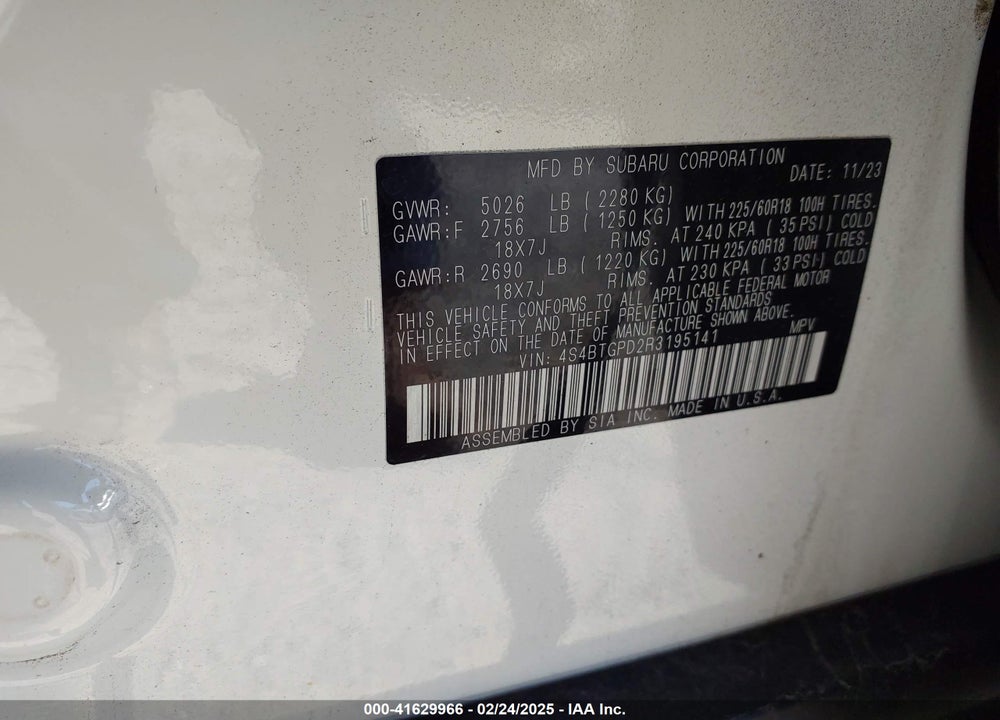 2024 SUBARU OUTBACK VIN: 4S4BTGPD2R3195141
