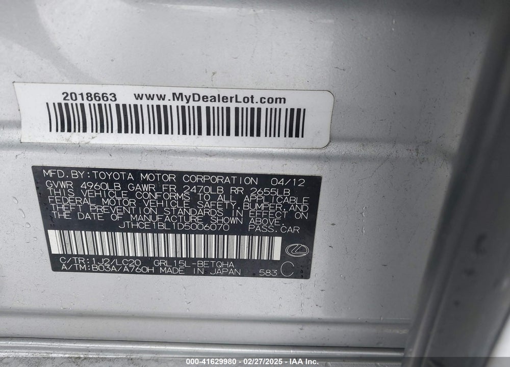 2013 LEXUS GS 350 VIN: JTHCE1BL1D5006070