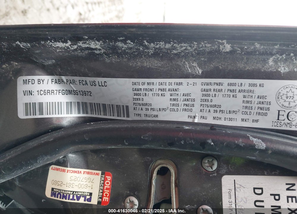 2021 RAM 1500 CLASSIC VIN: 1C6RR7FG0MS513972