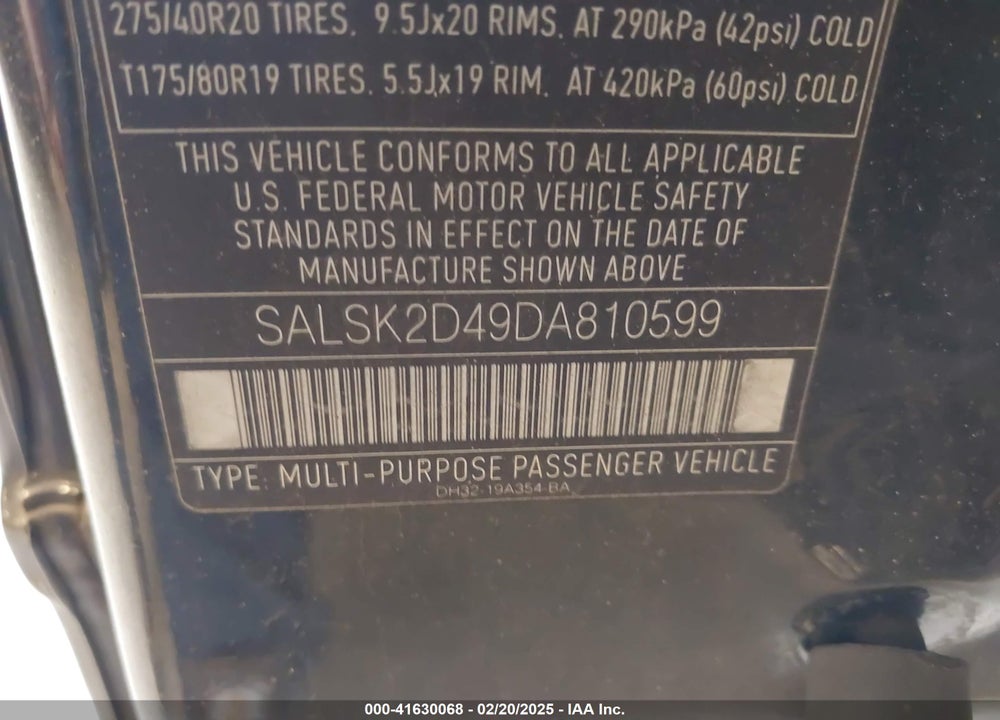 2013 LAND ROVER RANGE ROVER SPORT VIN: SALSK2D49DA810599