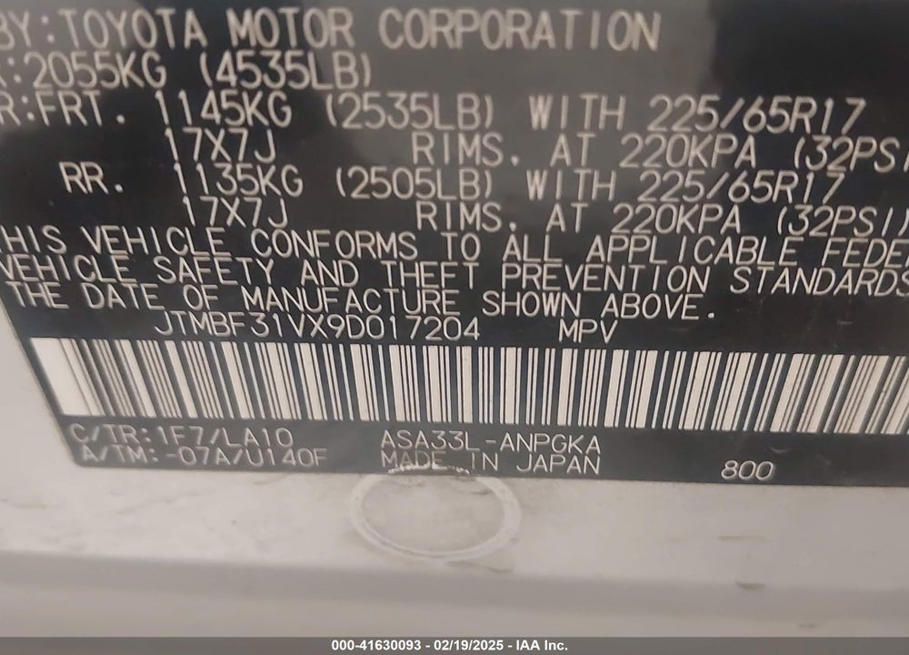 2009 TOYOTA RAV4 LIMITED VIN: JTMBF31VX9D017204