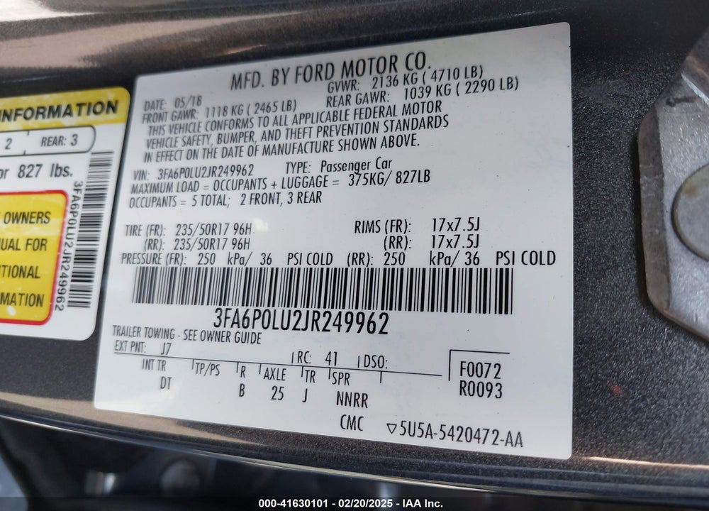 2018 FORD FUSION HYBRID VIN: 3FA6P0LU2JR249962