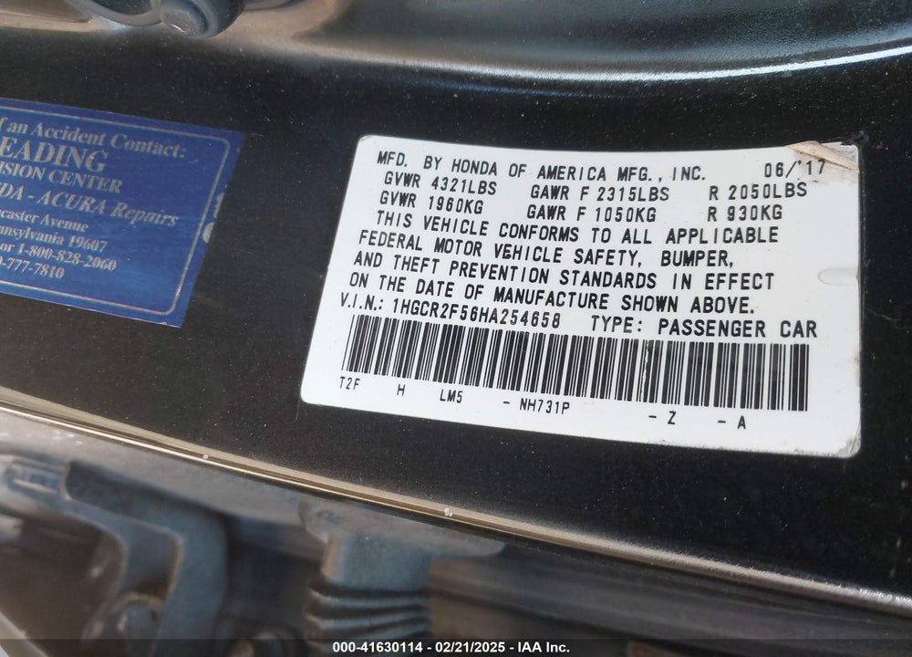 2017 HONDA ACCORD SPORT VIN: 1HGCR2F56HA254658