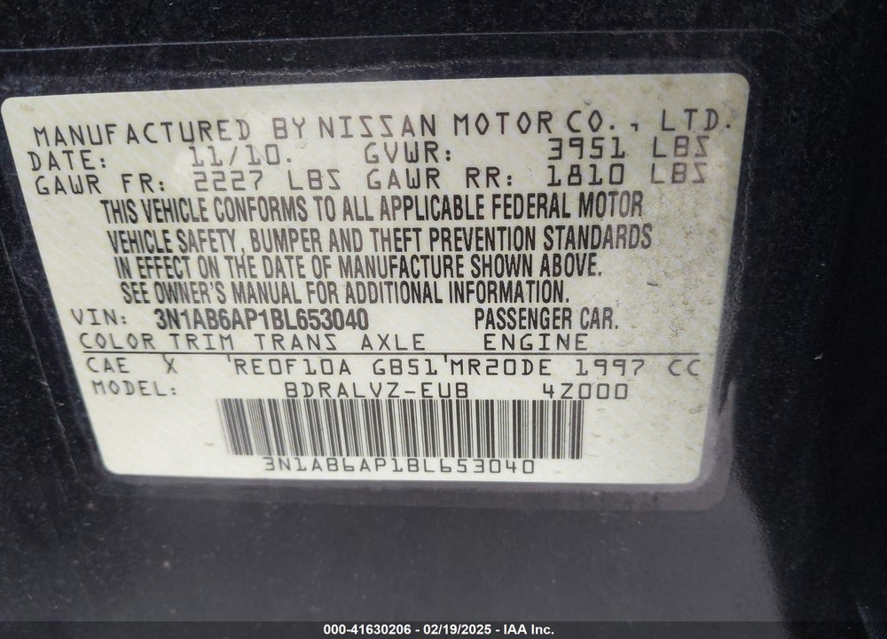 2011 NISSAN SENTRA 2.0SL VIN: 3N1AB6AP1BL653040