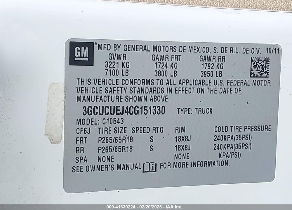 2012 CHEVROLET SILVERADO VIN: 3GCUCUEJ4CG151330