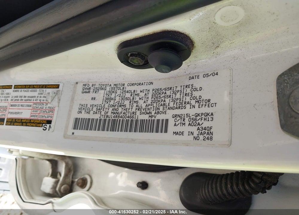 2004 TOYOTA 4RUNNER SR5 SPORT V6 VIN: JTEBU14R840046611