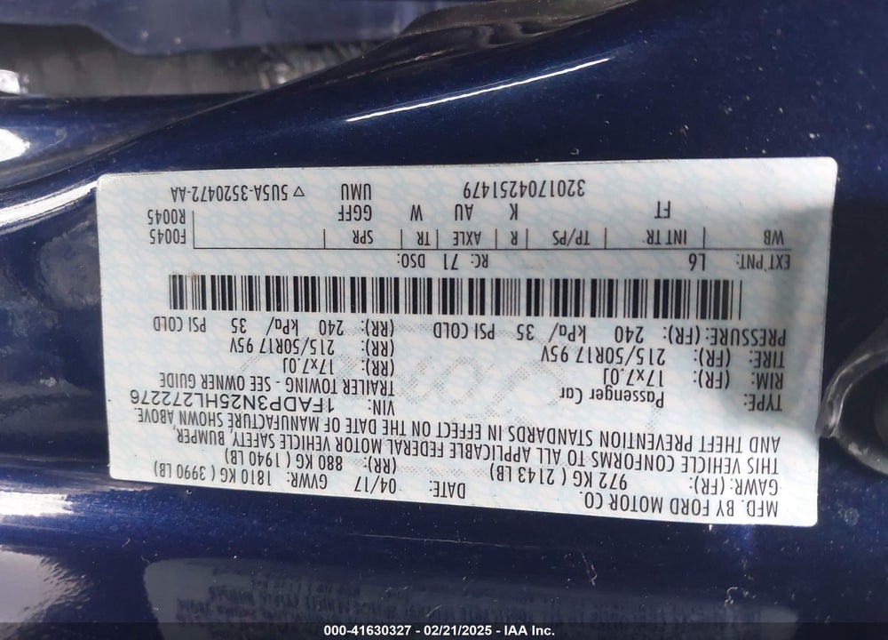 2017 FORD FOCUS VIN: 1FADP3N25HL272276