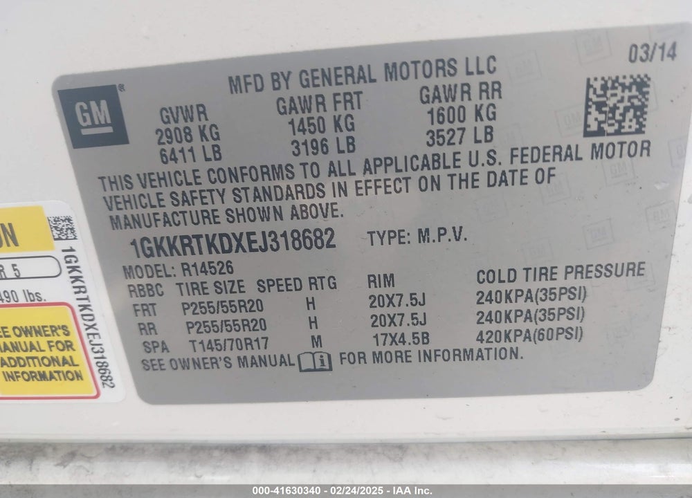 2014 GMC ACADIA VIN: 1GKKRTKDXEJ318682