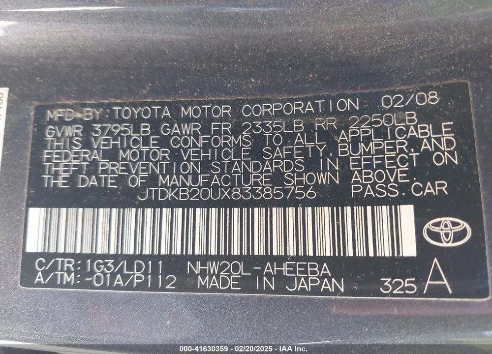 2008 TOYOTA PRIUS VIN: JTDKB20UX83385756
