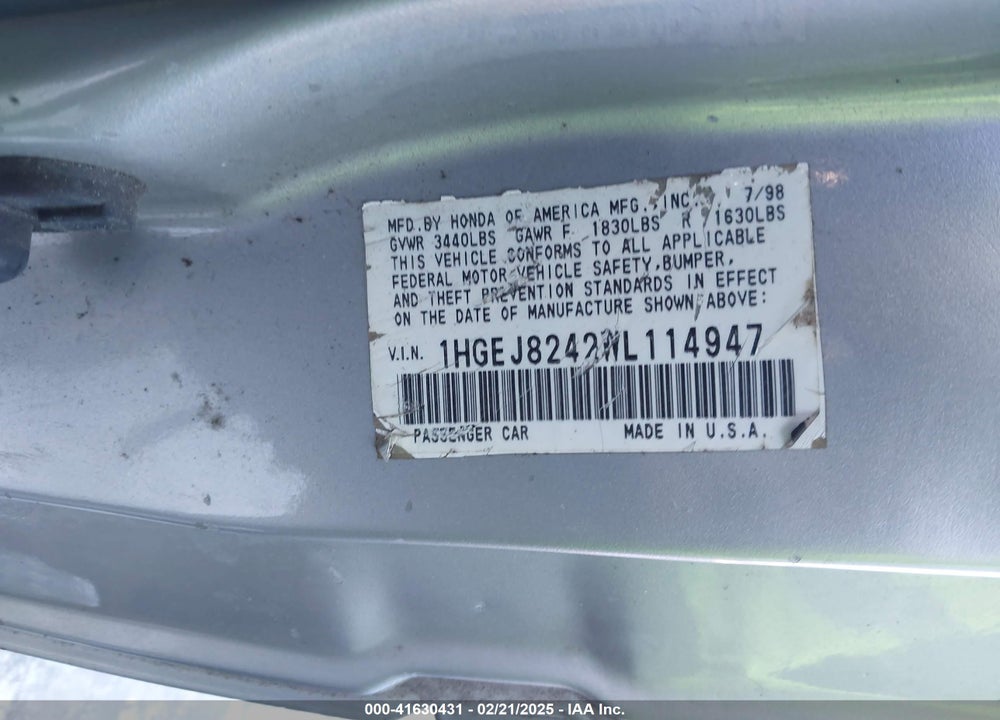 1998 HONDA CIVIC EX VIN: 1HGEJ8242WL114947