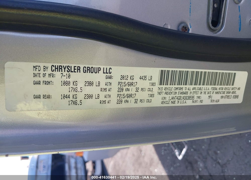 2010 JEEP PATRIOT LIMITED VIN: 1J4NT4GB1AD638595