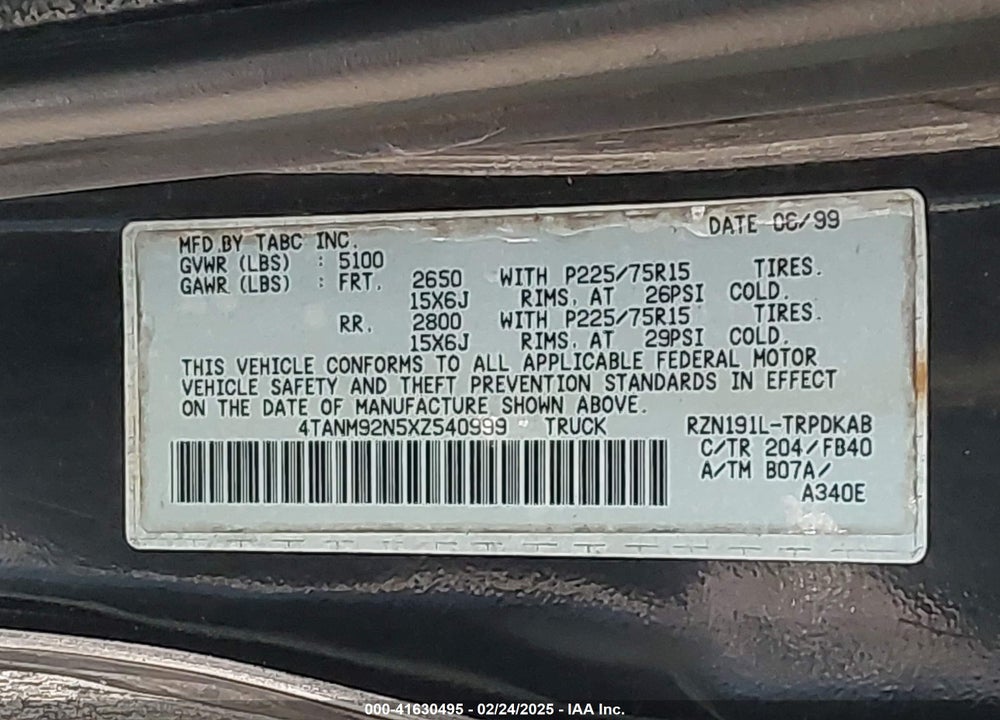 1999 TOYOTA TACOMA PRERUNNER VIN: 4TANM92N5XZ540999
