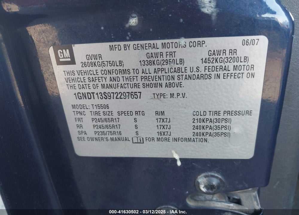 2007 CHEVROLET TRAILBLAZER LT VIN: 1GNDT13S972297657