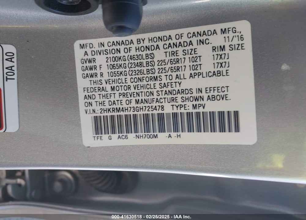 2016 HONDA CR-V EX-L VIN: 2HKRM4H73GH725478