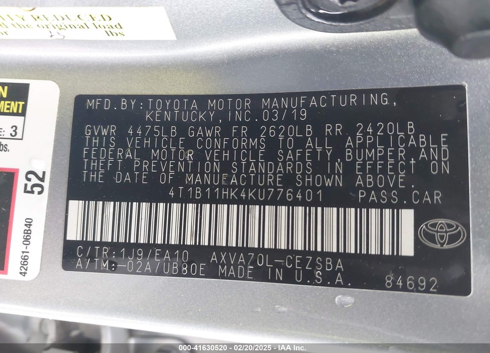 2019 TOYOTA CAMRY SE VIN: 4T1B11HK4KU776401