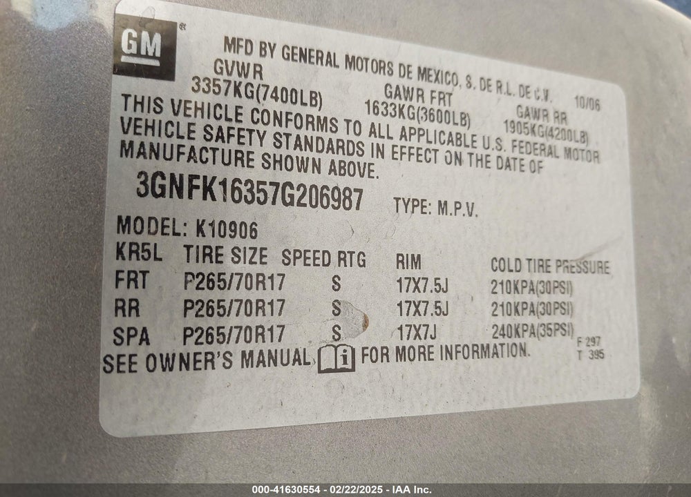 2007 CHEVROLET SUBURBAN 1500 LT VIN: 3GNFK16357G206987