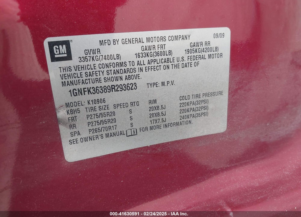 2009 CHEVROLET SUBURBAN 1500 LTZ VIN: 1GNFK36389R293623