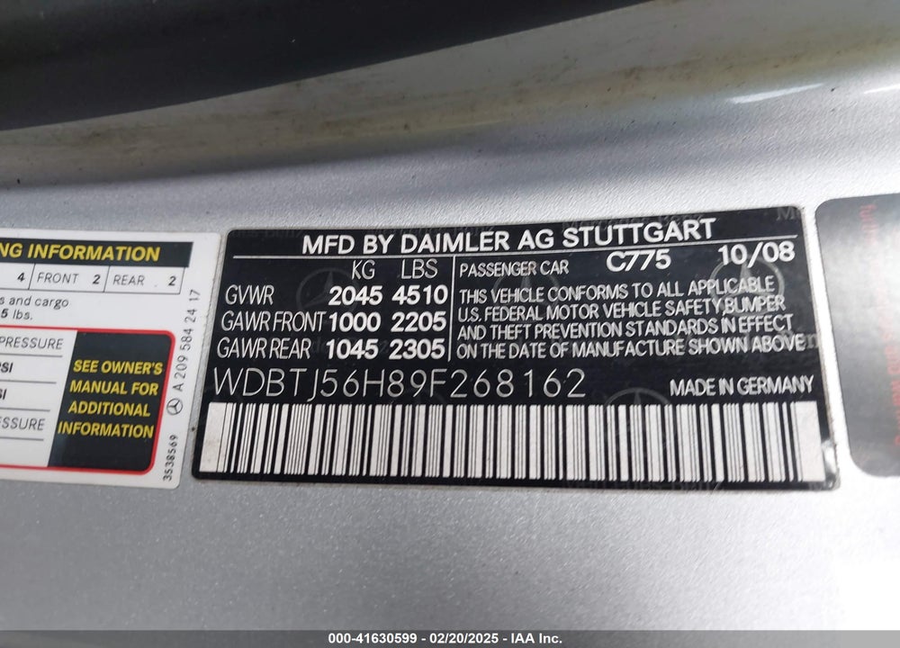 2009 MERCEDES-BENZ CLK 350 VIN: WDBTJ56H89F268162