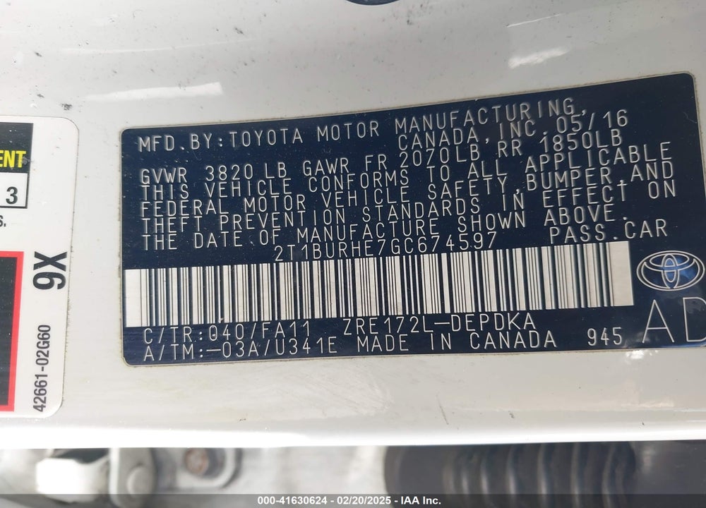 2016 TOYOTA COROLLA VIN: 2T1BURHE7GC674597