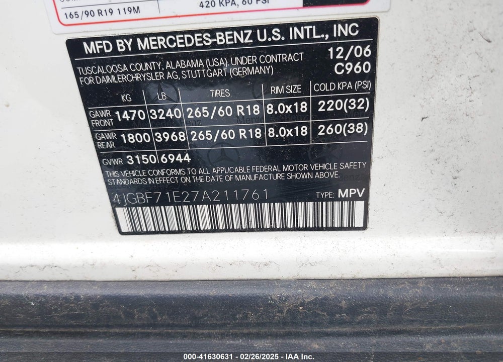 2007 MERCEDES-BENZ GL 450 VIN: 4JGBF71E27A211761