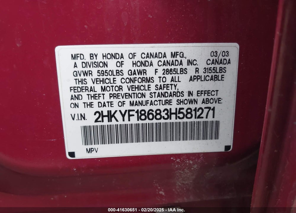 2003 HONDA PILOT VIN: 2HKYF18683H581271