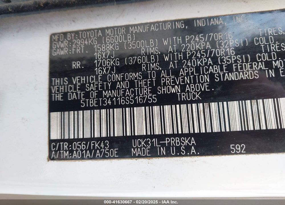 2006 TOYOTA TUNDRA VIN: 5TBET34116S516755