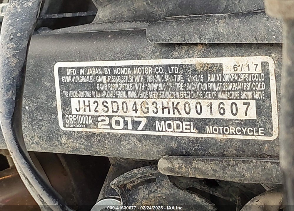 2017 HONDA CRF1000 VIN: JH2SD04G3HK001607