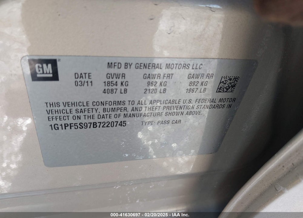 2011 CHEVROLET CRUZE VIN: 1G1PF5S97B7220745