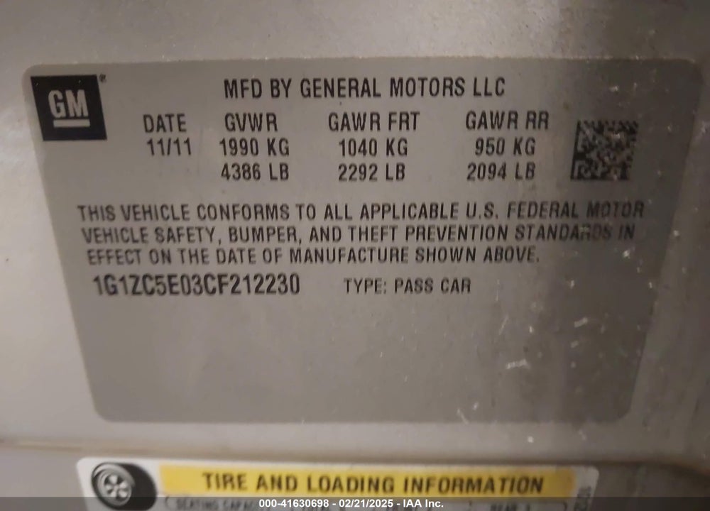 2012 CHEVROLET MALIBU 1LT VIN: 1G1ZC5E03CF212230