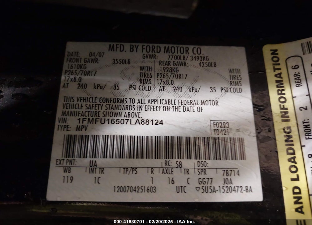 2007 FORD EXPEDITION XLT VIN: 1FMFU16507LA88124