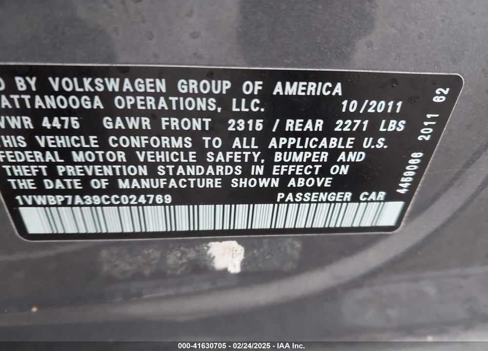 2012 VOLKSWAGEN PASSAT 2.5L SE VIN: 1VWBP7A39CC024769