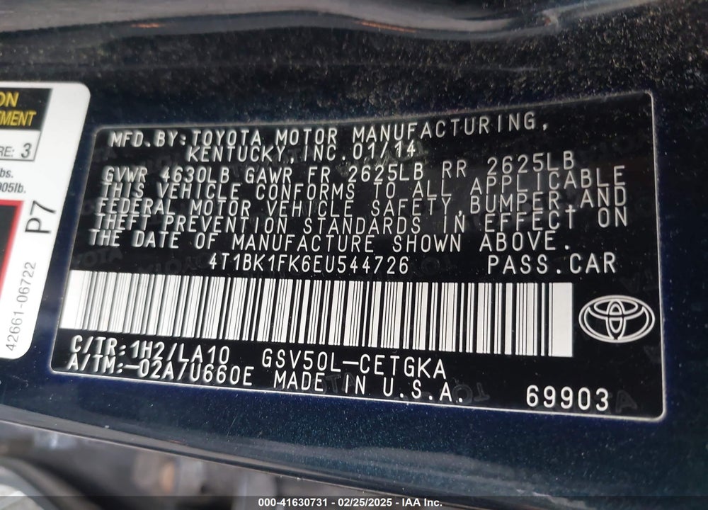 2014 TOYOTA CAMRY VIN: 4T1BK1FK6EU544726