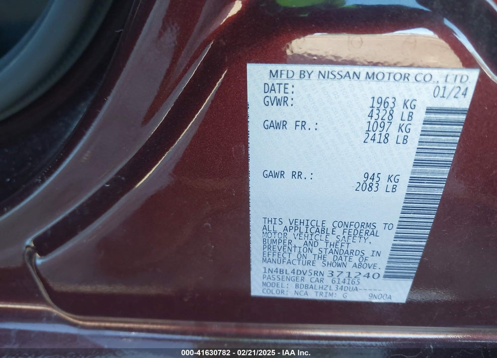 2024 NISSAN ALTIMA VIN: 1N4BL4DV5RN371240