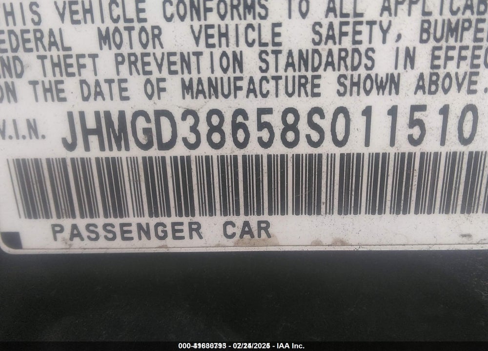 2008 HONDA FIT VIN: JHMGD38658S011510