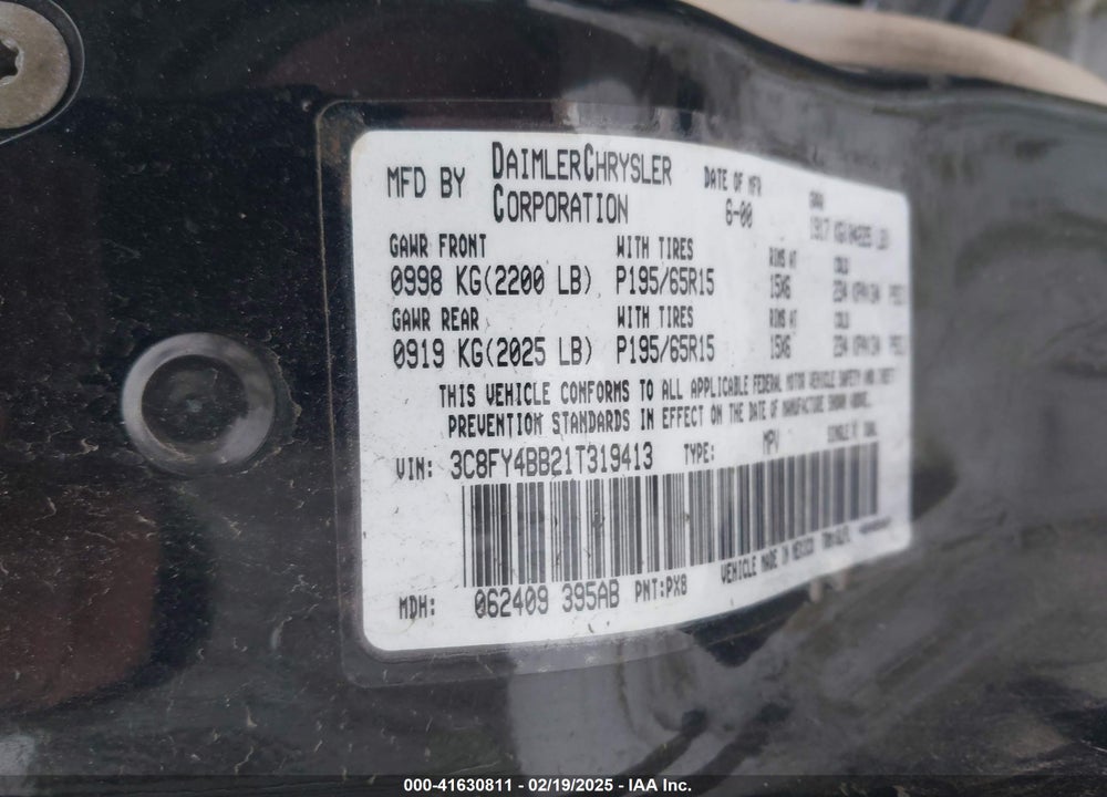 2001 CHRYSLER PT CRUISER VIN: 3C8FY4BB21T319413