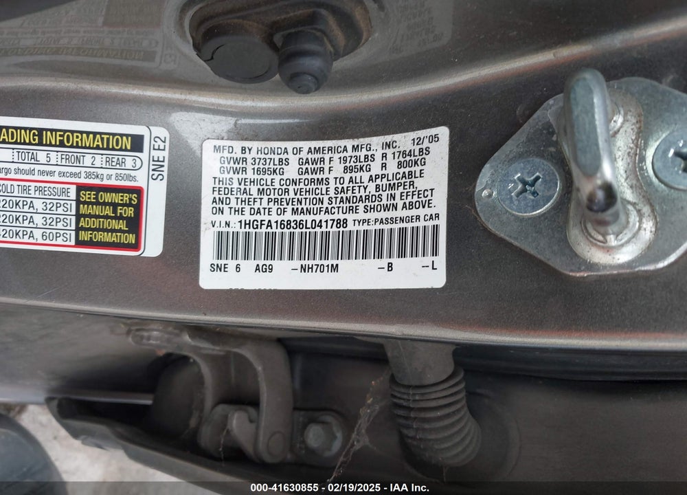 2006 HONDA CIVIC EX VIN: 1HGFA16836L041788