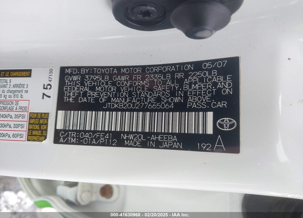 2007 TOYOTA PRIUS VIN: JTDKB20U277665064