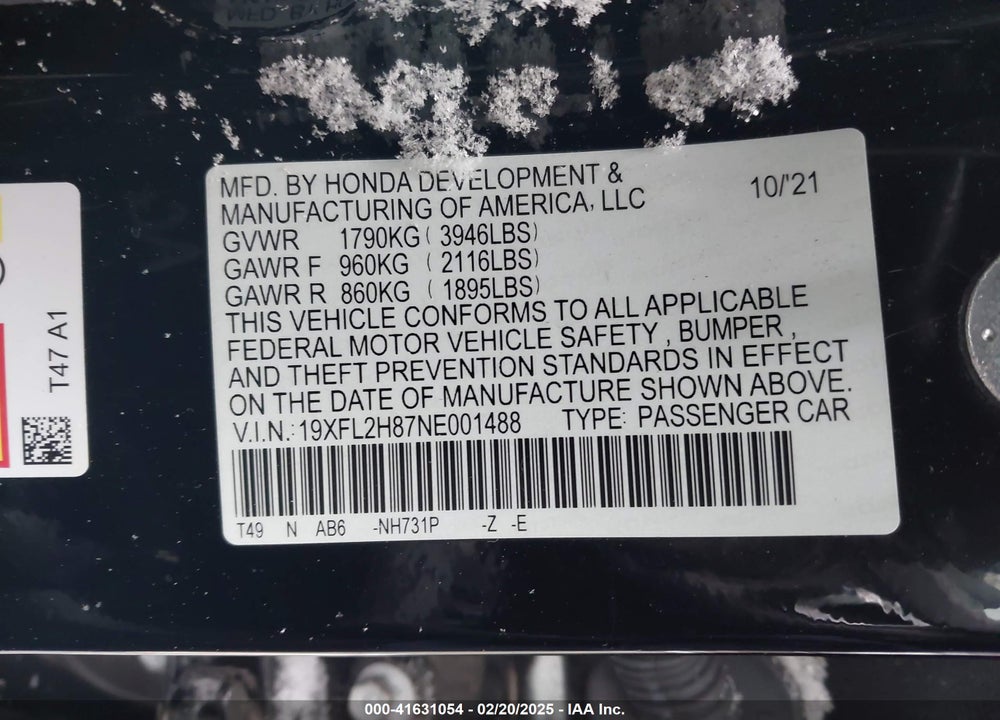 2022 HONDA CIVIC VIN: 19XFL2H87NE001488