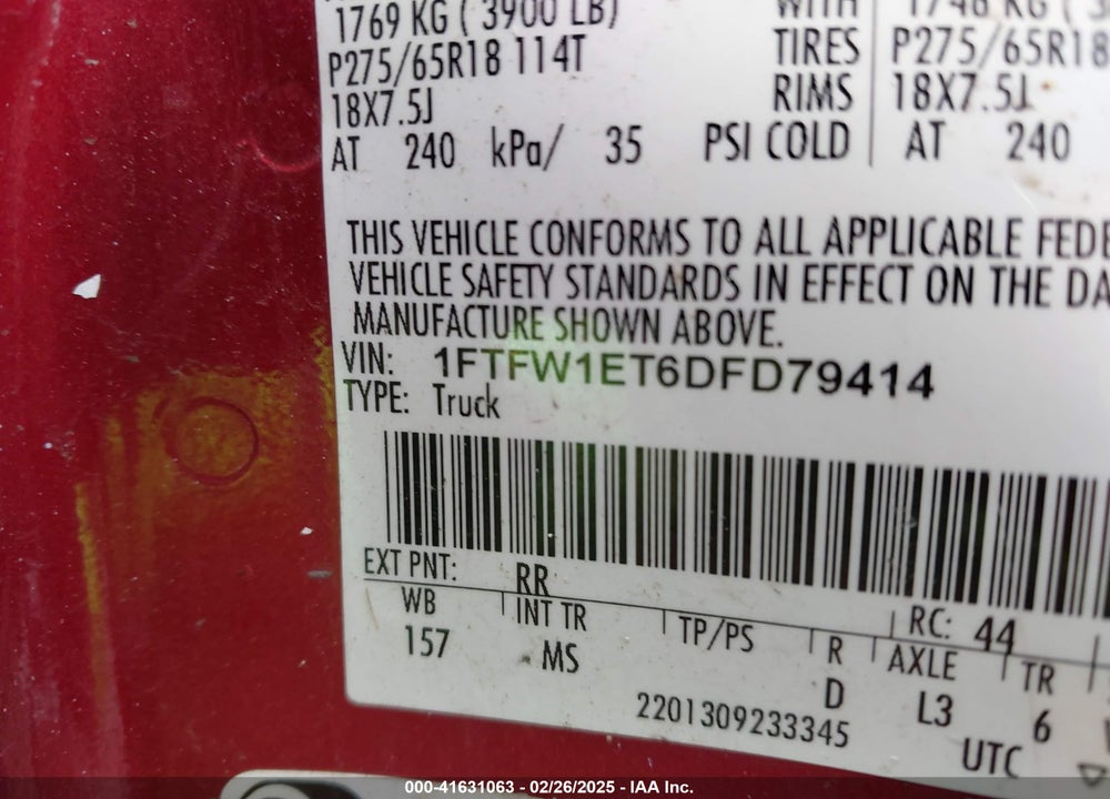 2013 FORD F150 VIN: 1FTFW1ET6DFD79414