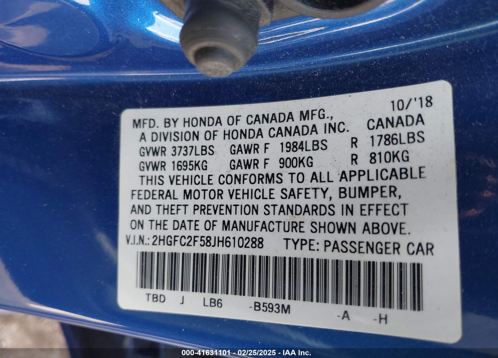 2018 HONDA CIVIC VIN: 2HGFC2F58JH610288