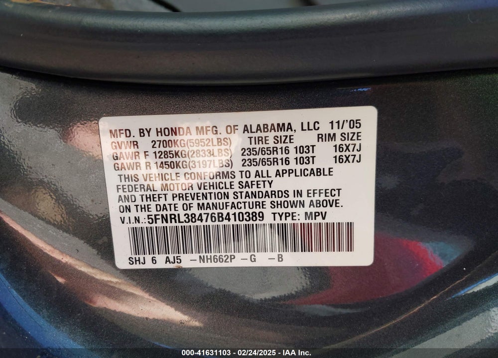 2006 HONDA ODYSSEY EX VIN: 5FNRL38476B410389