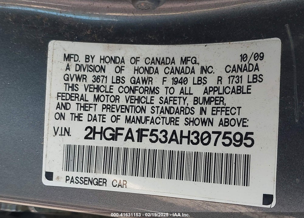 2010 HONDA CIVIC LX VIN: 2HGFA1F53AH307595