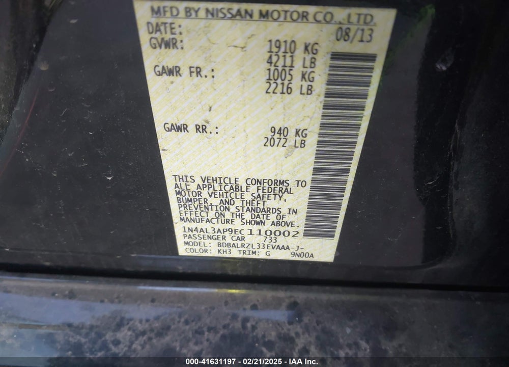 2014 NISSAN ALTIMA VIN: 1N4AL3AP9EC110002