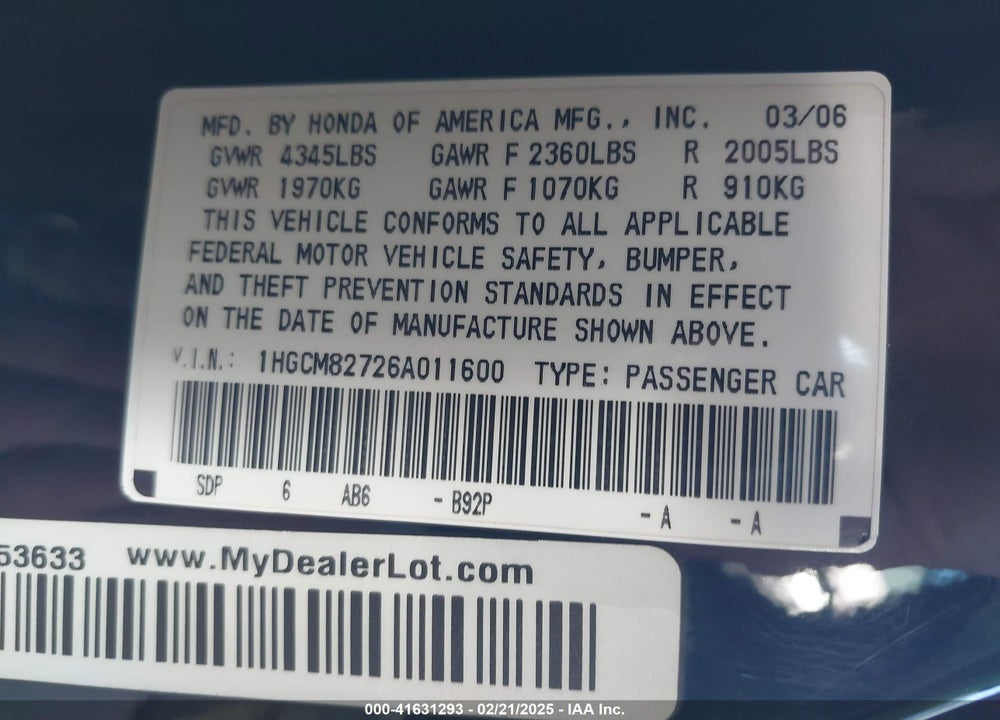 2006 HONDA ACCORD VIN: 1HGCM82726A011600