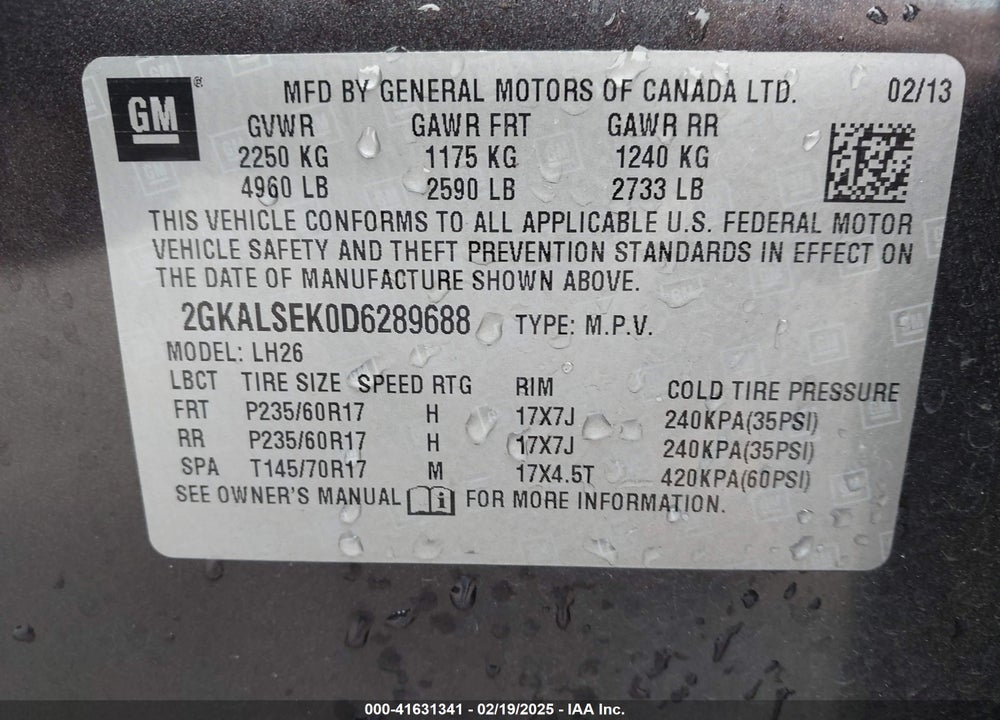 2013 GMC TERRAIN SLE-2 VIN: 2GKALSEK0D6289688