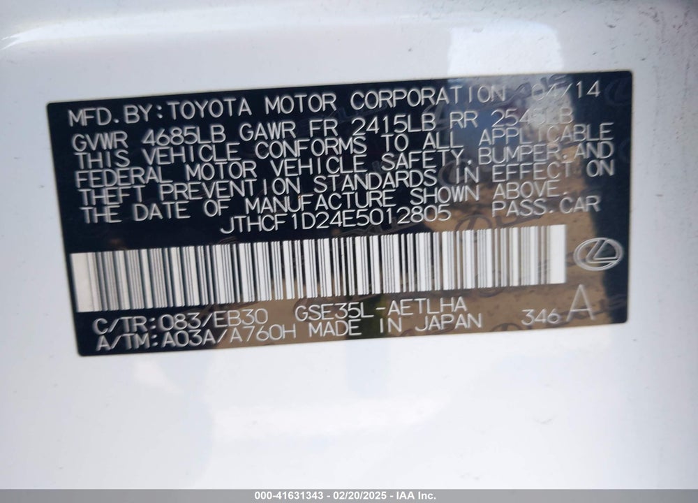 2014 LEXUS IS 250 VIN: JTHCF1D24E5012805