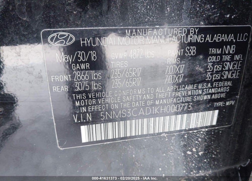 2019 HYUNDAI SANTA FE SEL VIN: 5NMS3CAD1KH000773